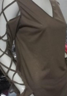 Khaki Plain Cut Out Hollow-out Lace-up Irregular Slit High-low V-neck Long Sleeve T-Shirt