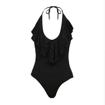 Black Deep V-neck Ruffle Flouncing One Piece Swimsuit Swimwear