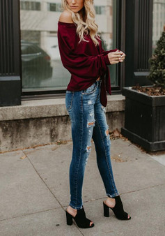 Burgundy Pleated Knot Round Neck Long Sleeve Slouchy Casual T-Shirt