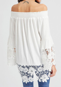 White Patchwork Lace Boat Neck Long Sleeve Loose Blouse