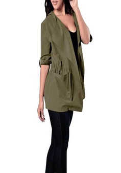 Army Green Drawstring Pockets Hooded Long Sleeve Plus Size Trench Coat