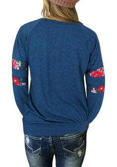 Dark Blue Floral Print Round Neck Long Sleeve Casual T-Shirt