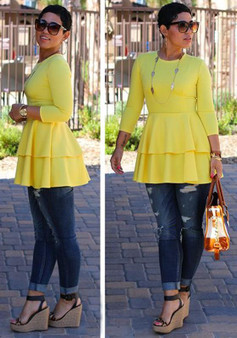 Yellow Cascading Ruffle Long Sleeve Round Neck Peplum High Waisted Fashion T-Shirt