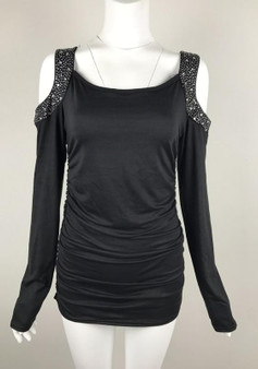 Black Patchwork Rhinestone Cut Out Round Neck Casual T-Shirt