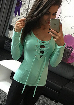 Green Plain Drawstring Plunging Neckline Long Sleeve T-Shirt