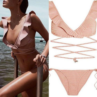 Pink-White Striped Ruffle Deep V-neck Two Piece Cute Bikini Swimwear