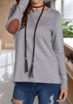 Grey Patchwork Single Breasted Draped Round Neck Long Sleeve T-Shirt