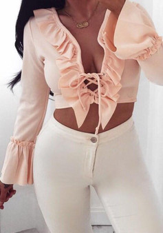 Pink Ruffle Lace-up Deep V-neck Flare Sleeve Club Crop T-shirt