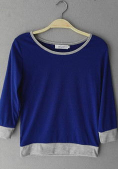 Dark Blue Plain Irregular Round Neck Long Sleeve Casual T-Shirt