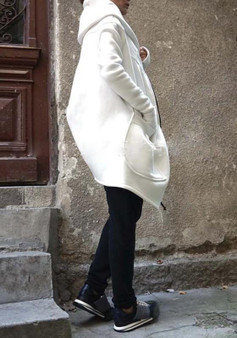 White Irregular Zipper Pockets Long Sleeve Casual Hooded Outerwear
