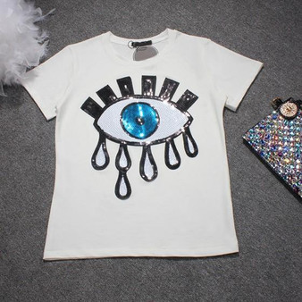 White-Blue Patchwork Eyes Print Sequin Plus Size Short Sleeve T-Shirt