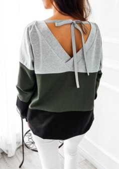 Green Color Block Tie Back Round Neck Long Sleeve Casual T-Shirt