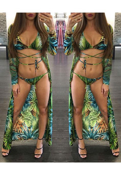 Green Leaves Print Lace-up Deep V-neck Three-piece Bohemian Beach Bikini Swimwear