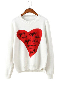 White Monogram Pattern Round Neck Fashion Cotton Pullover Sweater