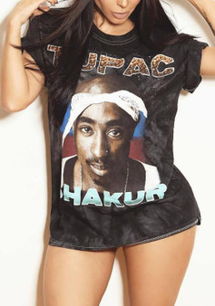 Black Tupac Shakur Print Rock And Roll Casual T-Shirt