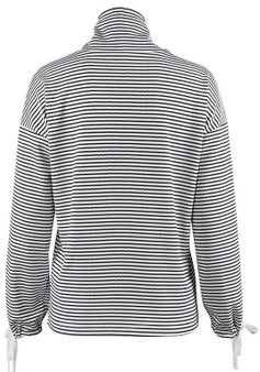 Black-White Striped Drawstring Lace-up High Neck Long Sleeve T-Shirt