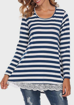 Blue-White Striped Print Lace Casual Going out T-Shirt
