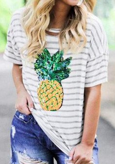 White Striped Pineapple Print Going out Casual T-Shirt