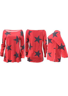 Red Galaxy Print Round Neck Long Sleeve Casual T-Shirt