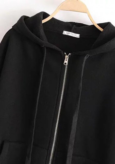 Black Drawstring Zipper Hooded V-neck Long Sleeve Cardigan Sweatshirt
