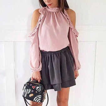 Pink Cut Out Ruffle Round Neck Long Sleeve Fashion Blouse