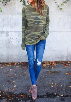 Camouflage Print Round Neck Long Sleeve Pullover Fashion Sweatshirt