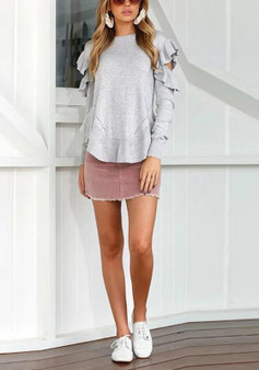 Grey Cascading Ruffle Irregular Round Neck Sweet Pullover Sweater