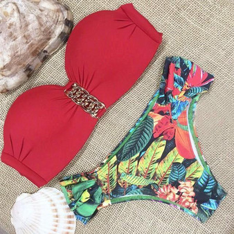 Red Floral Print Pleated Bandeau 2-in-1 Swimwear