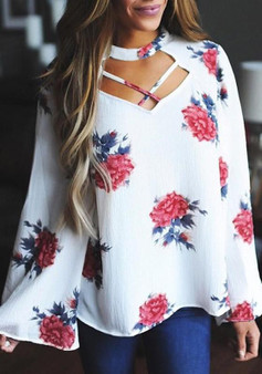 White Floral Cut Out V-neck Long Sleeve Fashion Blouse
