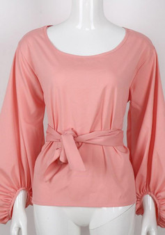 Pink Drawstring Round Neck Long Sleeve Fashion Dacron Blouse