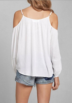 White Patchwork Lace Spaghetti Strap Off-Shoulder Comfy Chiffon Blouse