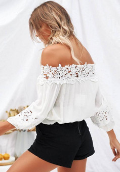White Patchwork Lace Cut Out Boat Neck Fashion Blouse
