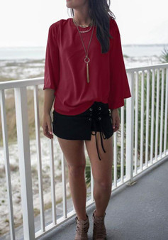 Red Cut Out Round Neck Long Sleeve Casual Blouse