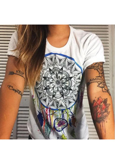 White Floral Round Neck Going out Casual T-Shirt