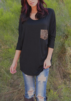 Black Patchwork Sequin Pockets Round Neck Dolman Sleeve Casual T-Shirt