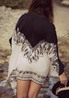 Black Floral Boho Beach Kimono Cover Up Long Sleeve Smock Bohemian Cardigan Coat