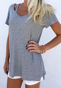 Grey Cut Out Short Sleeve V-neck Casual Overszie T-Shirt