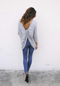 Grey Cut Out Irregular Round Neck Long Sleeve Fashion T-Shirt