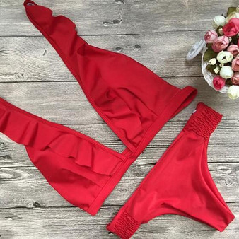 Red Ruffle Deep V-neck Two Piece Bikini Swimwear