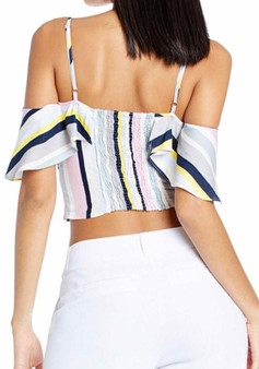 White Striped Condole Belt Bow Cut Out Crop V-neck Fashion T-Shirt