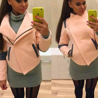 Pink Patchwork Pockets Turndown Collar Long Sleeve Zipper Casual Coat