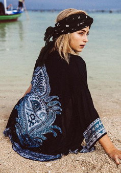 Black Boho Floral Print Irregular Cardigan Sweet Cover Up Beach Kimono