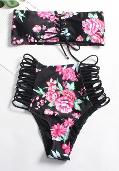 Black Floral Bandeau Drawstring Cut Out 2-in-1 Fashion Swimwear