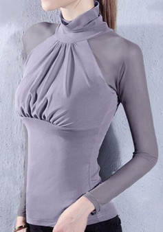 Grey Patchwork Grenadine Ruffle High Neck Long Sleeve Fashion T-Shirt