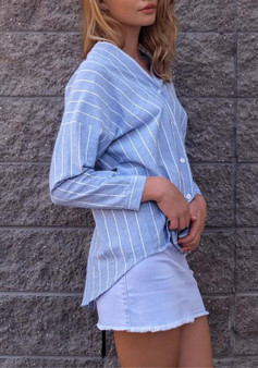 Blue Striped V-neck Irregular Buttons Long Sleeve Fashion Blouse