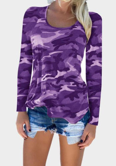 Purple Camouflage Round Neck Long Sleeve T-Shirt