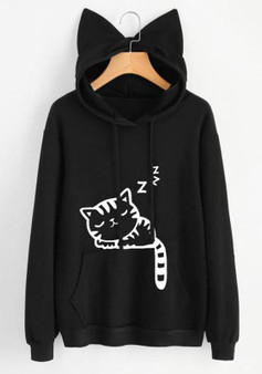 Black Cat Print Cat Ears Drawstring Pockets Cute Hooded Sweatshirt