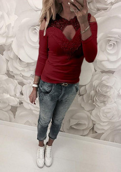 Red Patchwork Lace Cut Out Round Neck Fashion T-Shirt