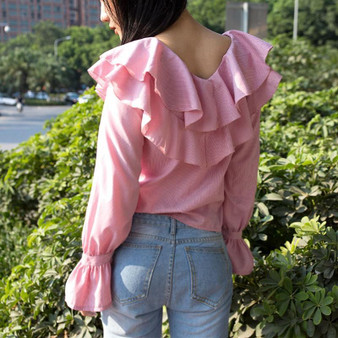 Pink Striped Print Ruffle Bell Sleeve V-neck Cute Sweet Blouses