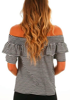 Black-White Striped Ruffle Off Shoulder Backless Sweet Going out T-Shirt